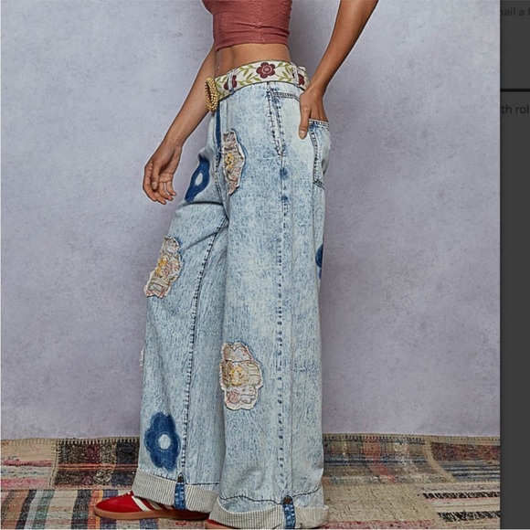 NWOT POL Mineral Wash Floral Print Patchwork Stretchy Waist Denim Wide leg Pants - Picture 3 of 4